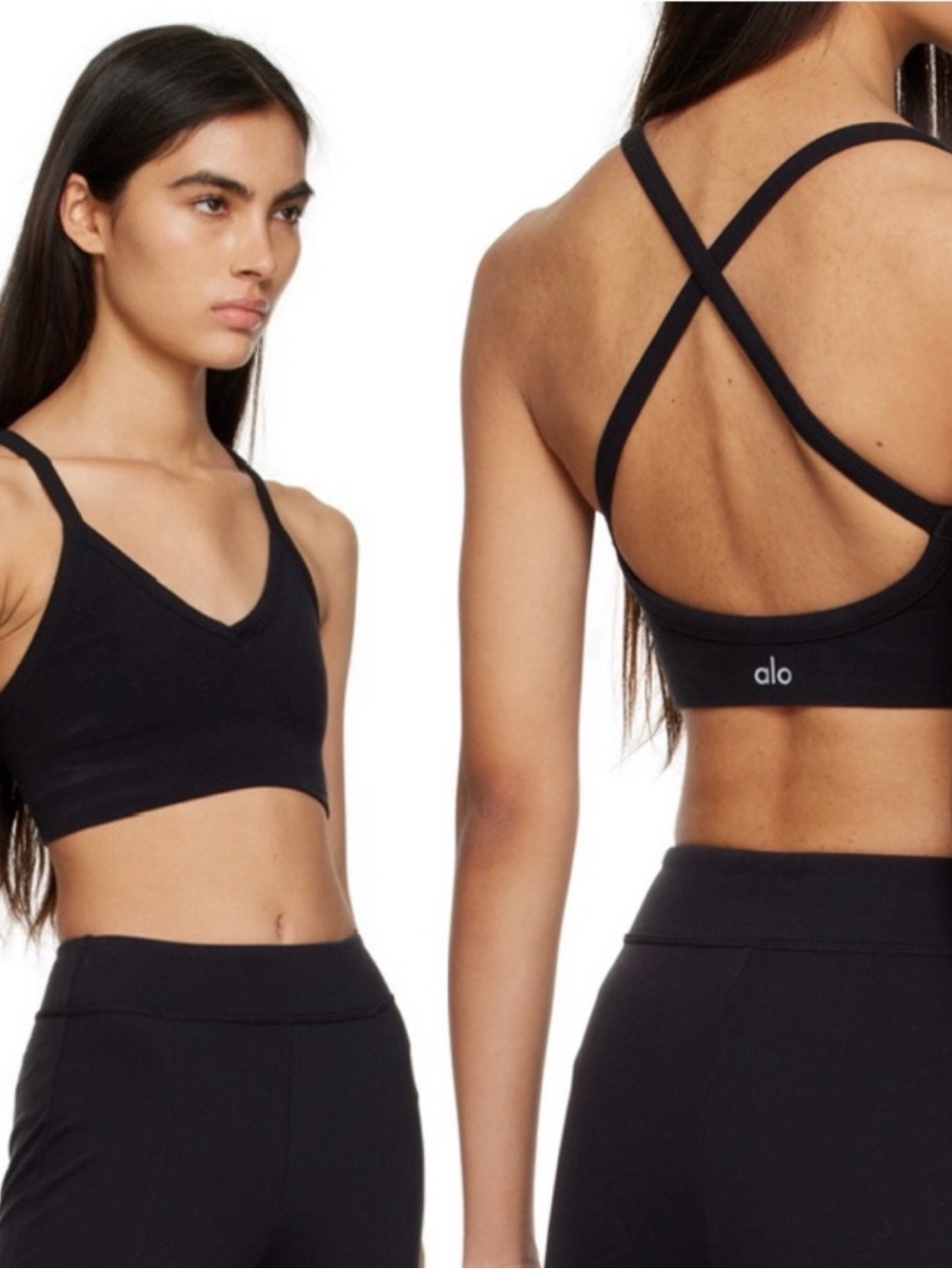 ALO Yoga Seamless Ribbed Bra Low Back Black Cross-Back V-Neck Sport Bralette XS